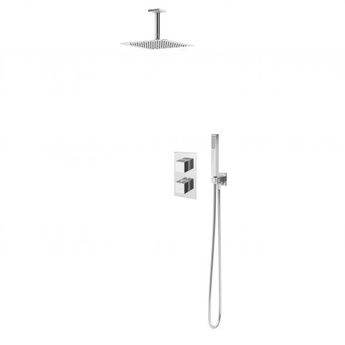 Bruma Escudo Suihkusetti ruostumattomasta teräksestä valmistetulla yläsuihkulla 250x250 mm, kattoasennusvarrella 100 mm, käsisuihkusetillä ja termostaattihanalla Celsius, Puhdas valkoinen